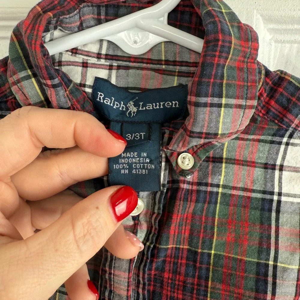 Kids Ralph Lauren Plaid Button Down Shirt Long Sleeve Classic Fit Cotton Size 3T